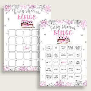 Winter Eule Baby Shower Bingo Karten druckbar, Rosa Grau Baby Shower Girl, 60 vorgefüllte Bingo Spielkarten, Wald Professor Schnee Eulen owt01