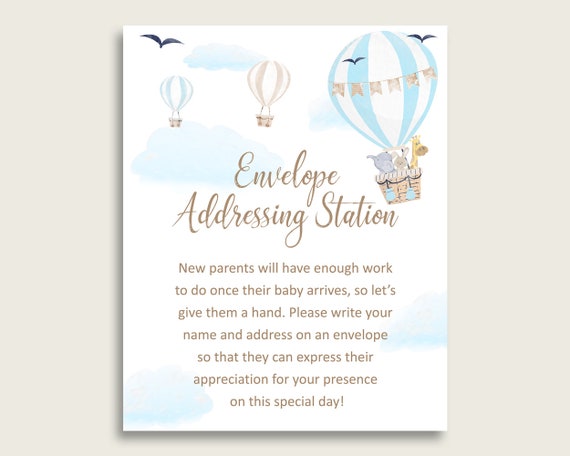 Blue White Baby Shower Address Sign Printable, Hot Air Balloon Envelope ...