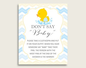 May include: A yellow rubber ducky with a blue heart on its chest is floating in a tub of water with bubbles. The text "DON'T SAY "Baby"" is written in black on a white background. The background is a chevron pattern of blue and yellow.