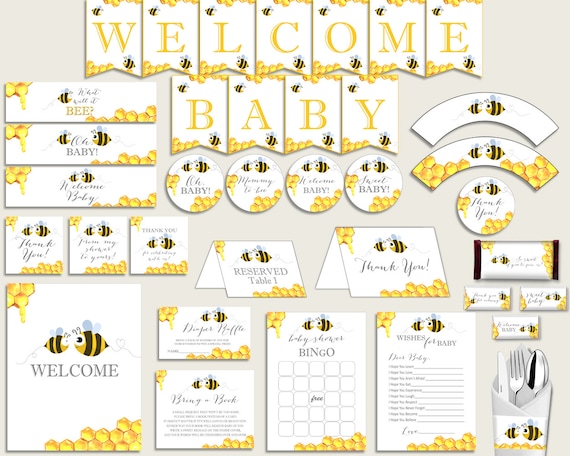 Baby shower Place CARDS or FOOD TENTS editable printable with yellow bee  for boys and girls, instant download - bee01