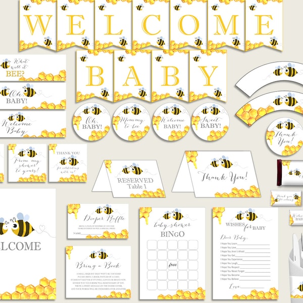 Yellow White Baby Shower Decorations Gender Neutral Kit, Bee Baby Shower Party Package Printable, Instant Download, Queen Bee bee01