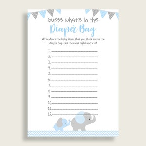 Elephant Guess What&#39;s In The Diaper Bag Game, Boy Baby Shower Blue Grey Diaper Game Printable, Instant Download, Chevron, ebl02