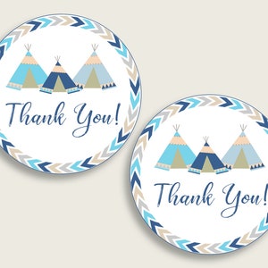Tribal Teepee Baby Shower Round Thank You Tags 2 Inch Printable, Blue ...