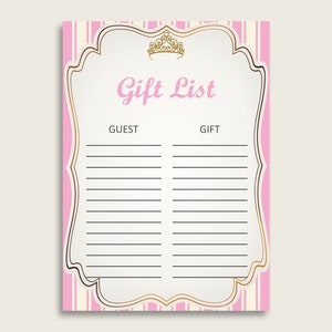 Royal Princess Baby Shower Gift List, Pink Gold Gift List Printable, Girl Baby Shower Gift Checklist Sheet, Instant Download, rp002