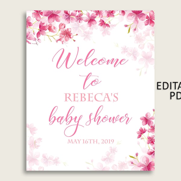 Pink White Cherry Blossom Baby Shower Welcome Sign Printable, Party Large Sign, Editable Welcome Sign Girl, Yard Sign, Instant 5MQ8W