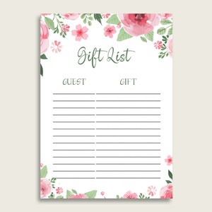Watercolor Flowers Baby Shower Gift List, Pink Green Gift List Printable, Girl Baby Shower Gift Checklist Sheet, Instant Download, flp01
