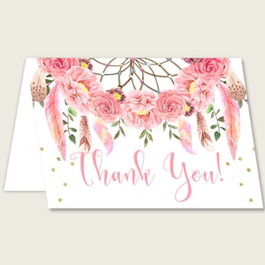 Biglietti di ringraziamento oro rosa stampabili, Dreamcatcher Baby Shower note di ringraziamento, ragazza doccia grazie piegato, download istantaneo, Glitter I60OO