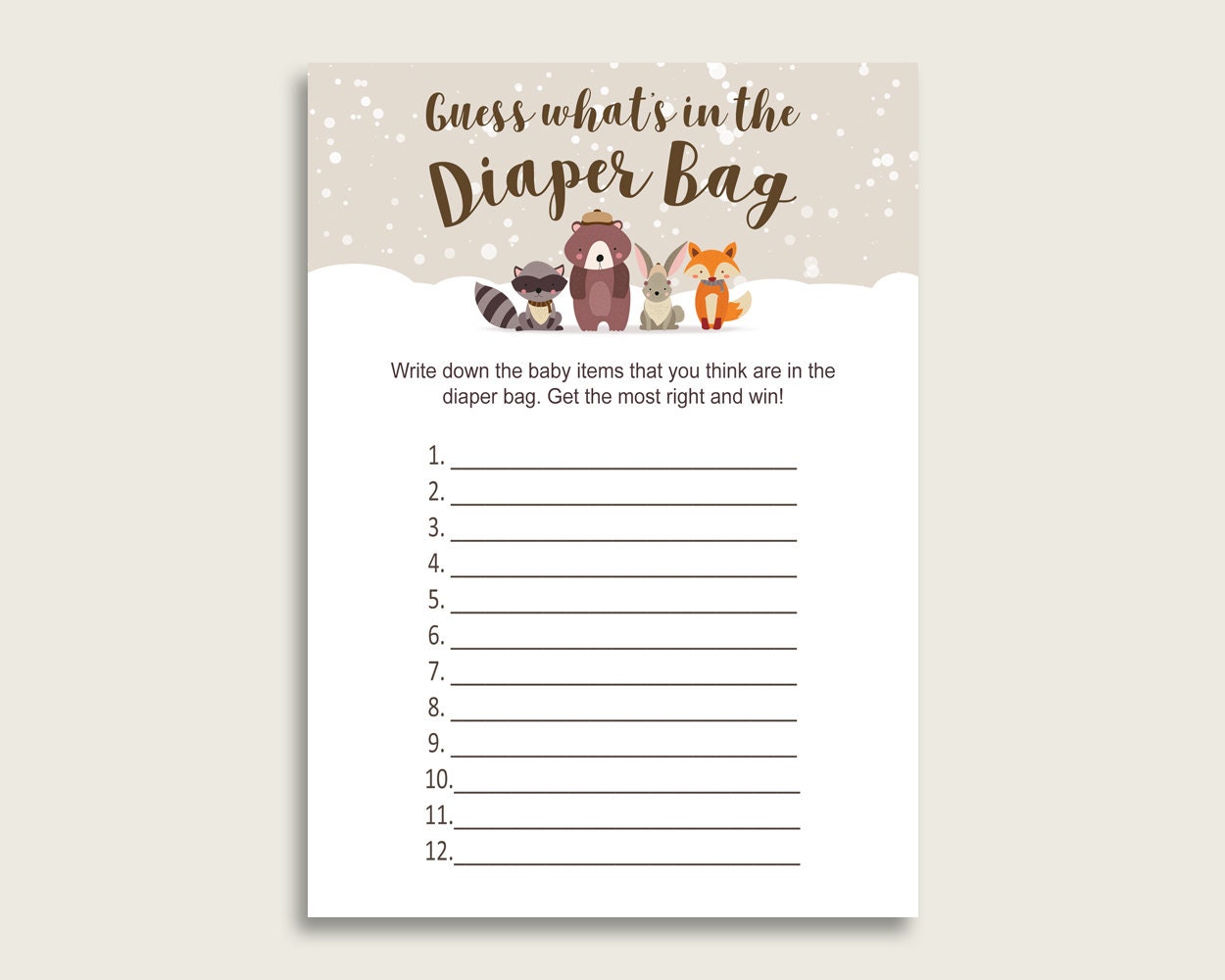 Baby Shower Game Woodland Animals Diaper Bag Guessing Game | sdr.com.ec