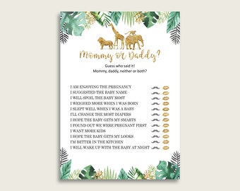 Gold Green Mommy Or Daddy Baby Shower Gender Neutral Game Printable, Jungle Guess Who Said It, He Said She Said, Instant Download, EJRED