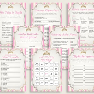 May include: A set of printable baby shower game cards with pink and gold accents. The games include "The Price is Right", "Nursery Rhyme Quiz", "What's in Your Purse?", "Baby Animals Name Game", "Celebrity Baby Names", "Baby Shower Word Scramble", "Baby Shower Bingo", and "Alphabet Game".