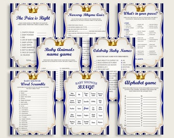 Royal Baby Shower Games Printable, Blue Gold Baby Shower Games Package Boy, Royal Crown Games Bundle Set, Royal Prince Game, Download, rp001