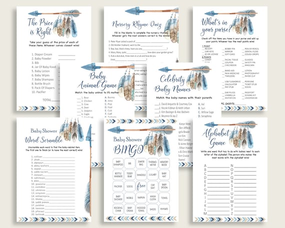 Tribal Arrows Baby Shower Games Printable Pack, Blue Beige Baby Shower Games Package Boy, Tribal Arrows Games Bundle Set, Instant QAQ18 Il_570xn