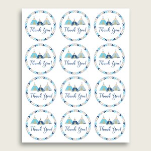 Tribal Teepee Baby Shower Round Thank You Tags 2 Inch Printable, Blue ...
