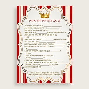 Nursery Rhyme Quiz Baby Shower Nursery Rhyme Quiz Prince Baby Shower Nursery Rhyme Quiz Red Gold Baby Shower Prince Nursery Rhyme Quiz 92EDX