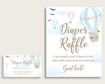 Hot Air Balloon Baby Shower Diaper Tombola Tickets Game, Boy Blue White Diaper Raffle Card Insert and Sign Printable, Instant Download CSXIS