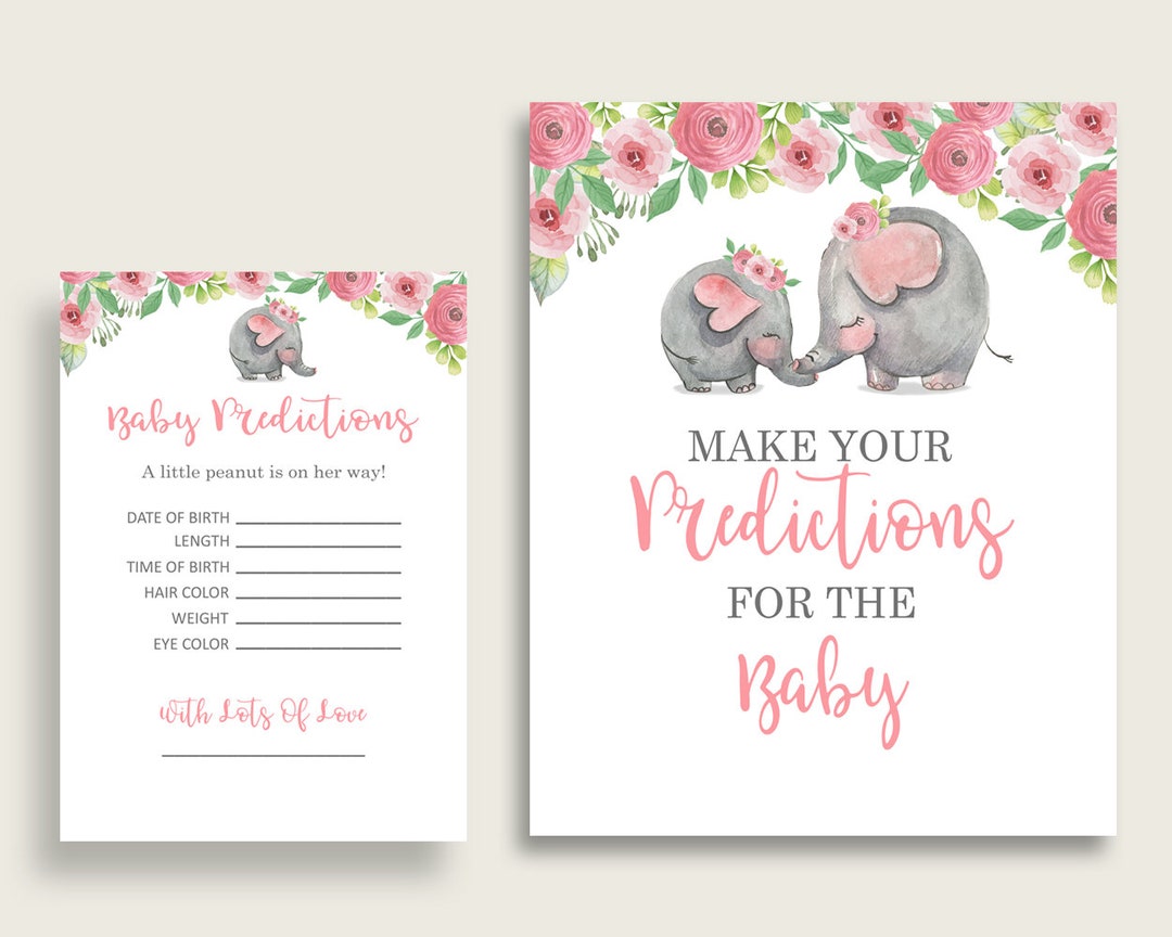 Pink Elephant Baby Shower Prediction Cards & Sign Printable, Pink Grey ...