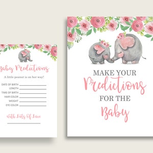 Cartes de prédiction de douche de bébé éléphant rose & signe imprimable, fille de jeu de prédiction bébé gris rose, téléchargement immédiat, tronc défenses Snorky ep001