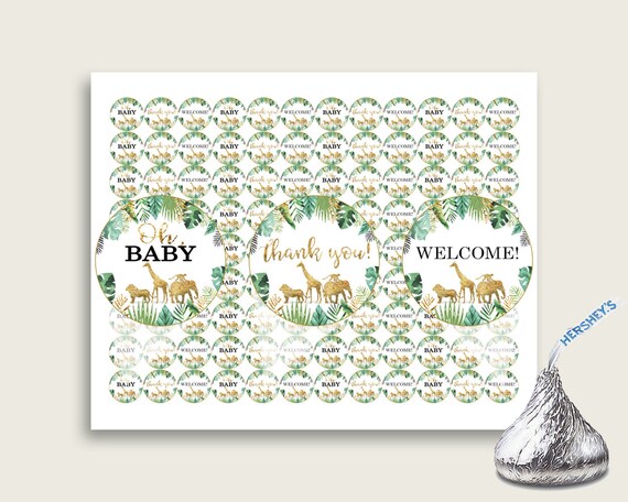 Jungle Hershey Kisses Circle Printable, Gold Green Hershey Kisses Labels Round Digital, Gender Neutral Baby Shower, Instant Download, EJRED Il_570xn