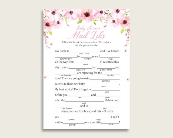 Pink Green Mad Libs Baby Shower Girl Game Printable, Flower Blush Mad ...