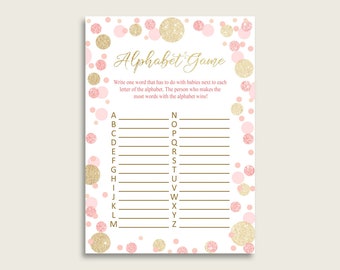 Pink Gold Alphabet Baby Shower Girl Game, Dots A-Z Guessing Baby Game Printable, ABC's Baby Item Name Game, Instant Download, RUK83