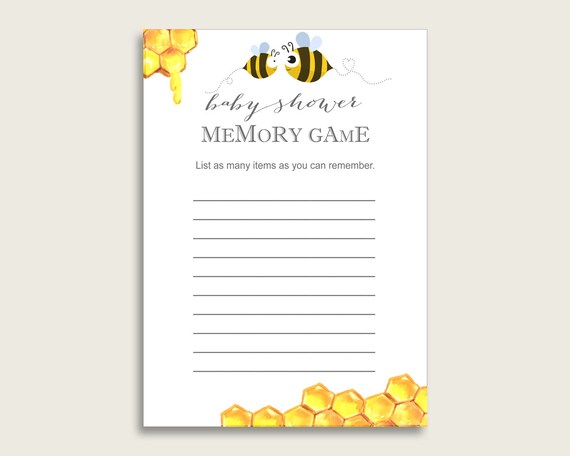 Bee Baby Shower Memory Game, Yellow White Memory Guessing Game Printable, Baby Shower Gender Neutral, Instant Download, Cute Honeybee bee01 Il_570xn