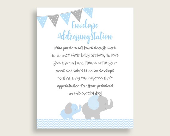 Blue Grey Baby Shower Address Sign Printable, Elephant Envelope Station ...