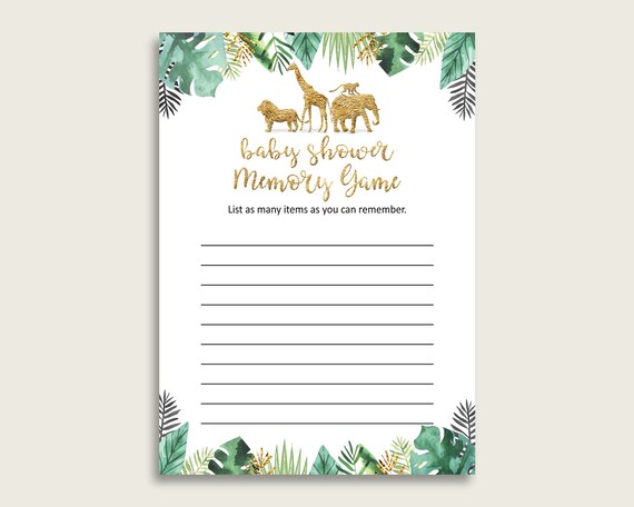 Jungle Baby Shower Memory Game, Gold Green Memory Guessing Game Printable, Baby Shower Gender Neutral, Instant Download, Cute Animals EJRED Il_570xn
