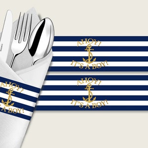 Anchor Baby Shower Napkin Rings Printable, Blue Gold Napkin Wrappers, Boy Shower Utensils Wrap, Instant Download, Sale Anchor NTDD8