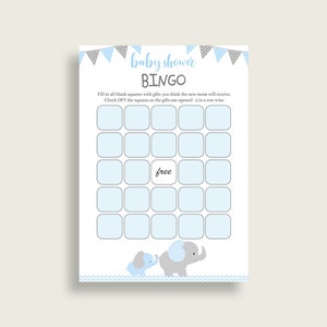 Elephant Baby Shower Bingo Cards Printable, Blue Grey Baby Shower Boy, 60 Prefilled Bingo Game Cards, Most Popular Mammoth Trunk ebl02 image 3