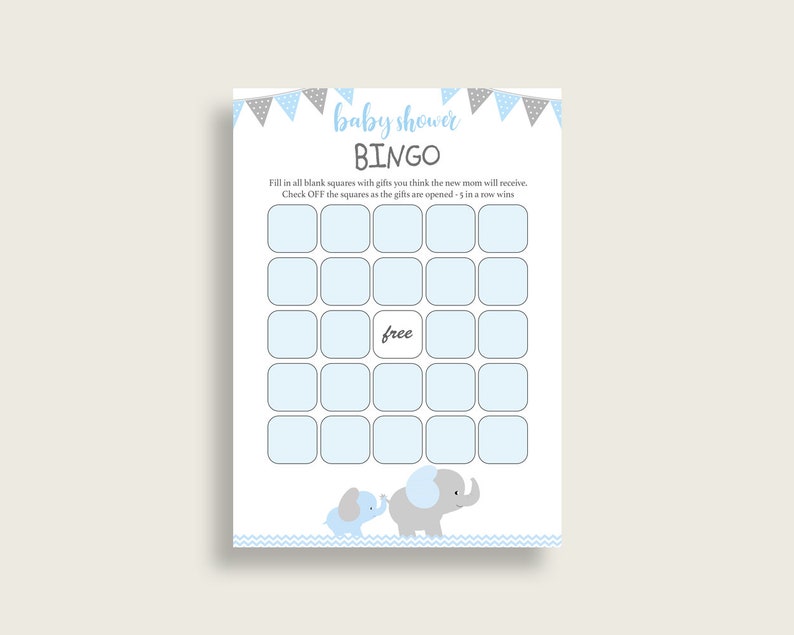 Elephant Baby Shower Bingo Cards Printable, Blue Grey Baby Shower Boy, 60 Prefilled Bingo Game Cards, Most Popular Mammoth Trunk ebl02 image 3