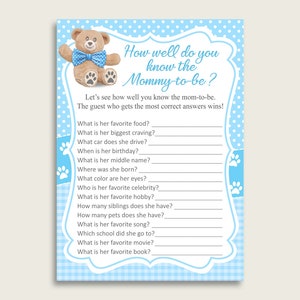 Blu Marrone Quanto bene conosci la mamma Gioco, Teddy Bear Baby Shower Boy, Chi conosce la mamma Miglior tema stampabile e popolare Mr Bear tb001