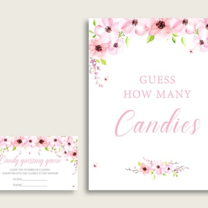 Pink Green Candy Guessing Game, Flower Blush Baby Shower Girl Sign And Cards, Guess How Many Candies, Candy Jar Game, Jelly Beans VH1KL