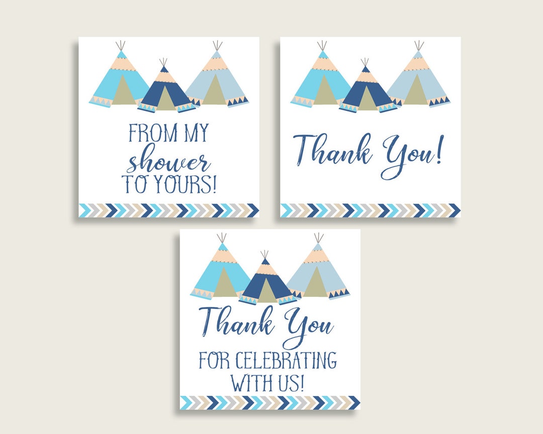 Tribal Teepee Baby Shower Square Thank You Tags 2 Inch Printable, Blue ...