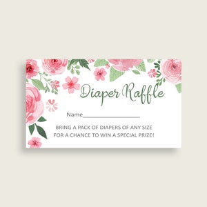 Puede incluir: Un boleto de rifa de pa&ntilde;ales con tem&aacute;tica floral rosa y verde con el texto "Diaper Raffle" y "&iexcl;Trae un paquete de pa&ntilde;ales de cualquier tama&ntilde;o para tener la oportunidad de ganar un premio especial!"