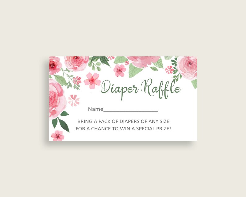 Puede incluir: Un boleto de rifa de pa&ntilde;ales con tem&aacute;tica floral rosa y verde con el texto "Diaper Raffle" y "&iexcl;Trae un paquete de pa&ntilde;ales de cualquier tama&ntilde;o para tener la oportunidad de ganar un premio especial!"