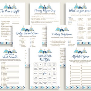 Tribal Teepee Baby Shower Games Printable Pack, Blue Beige Baby Shower Games Package Boy, Tribal Teepee Games Bundle Set, Instant KS6AW