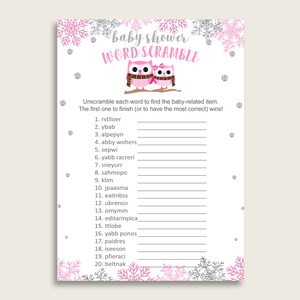 Girl Baby Shower Word Scramble Game Printable, Cute Winter Owl Pink Gray Word Scramble, Funny Activity, Instant Download, Snow Owls owt01