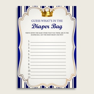 Königlicher Prinz Raten Sie, was in der Windeltasche Spiel, Junge Baby Shower Blau Gold Windel Spiel druckbare, Instant Download, Royal Blau, rp001