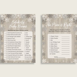 Puede incluir: Un juego imprimible para un baby shower. El juego se llama "Celebrity Baby Names" y pide a los jugadores que emparejen parejas de celebridades con los nombres de sus hijos. El segundo juego se llama "The Price is Right" y pide a los jugadores que adivinen el precio de los art&iacute;culos para beb&eacute;s.