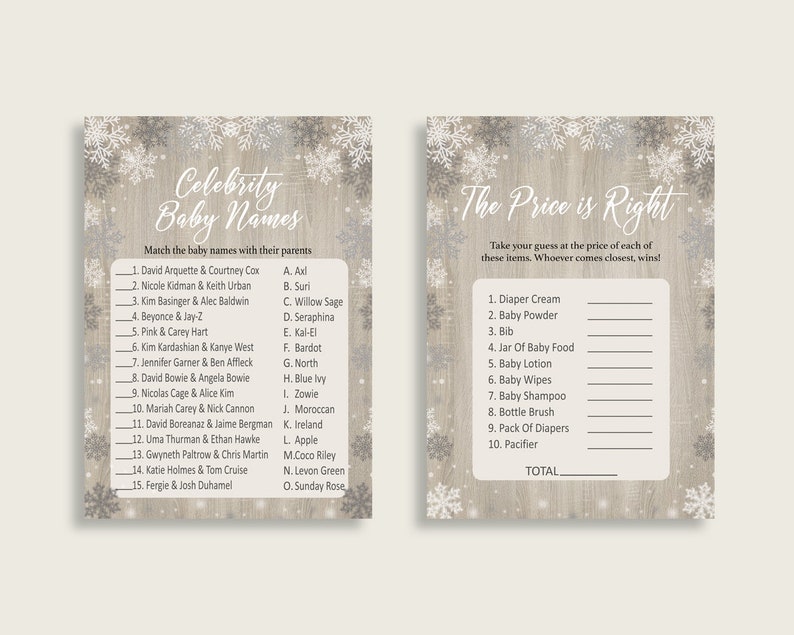 Puede incluir: Un juego imprimible para un baby shower. El juego se llama "Celebrity Baby Names" y pide a los jugadores que emparejen parejas de celebridades con los nombres de sus hijos. El segundo juego se llama "The Price is Right" y pide a los jugadores que adivinen el precio de los art&iacute;culos para beb&eacute;s.