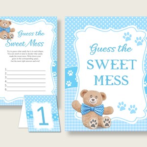 May include: Blue and white baby shower game card with a teddy bear wearing a blue bow tie. The card says "Guess the Sweet Mess".