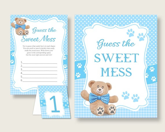 Teddy Bear Guessing Game Baby Shower Boy, Blue Brown Guess The Sweet Mess Game Printable, Dirty Diaper Game, Instant Download, Bow Tie tb001 Il_570xn