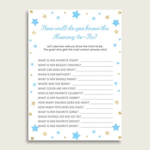 Oro blu Quanto bene conosci la mamma Gioco, Stelle Baby Shower Boy, Chi conosce la mamma Miglior stampabile, Luna Glitter Stelle più popolari bsr01