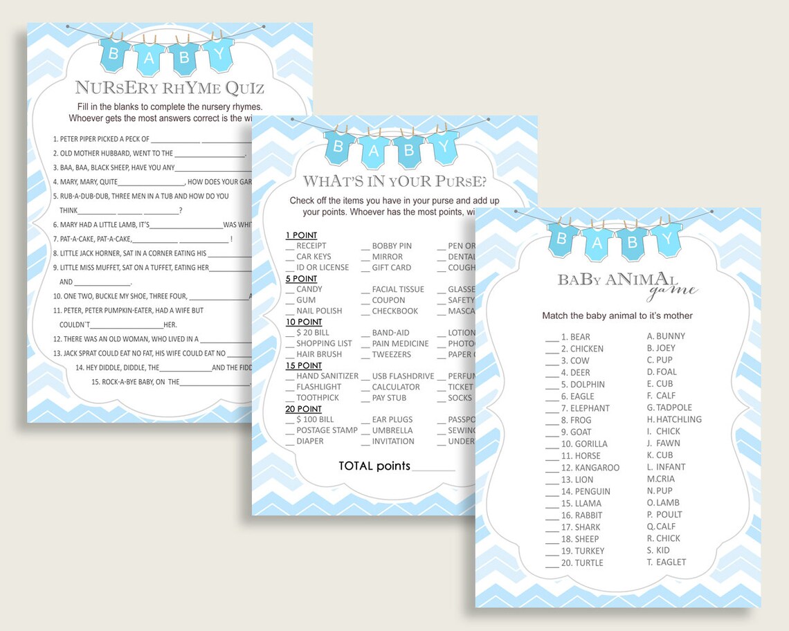 Chevron Baby Shower Games Printable Pack Blue White Baby - Etsy