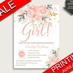 Peach Floral Baby Shower Invitations Printable, Digital Or Printed Invitation Baby Shower Girl, Editable Invitation Pink Gold Blush 1W00B