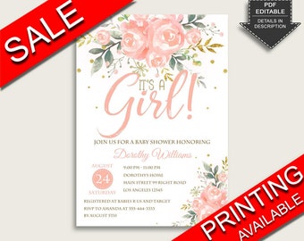 Peach Floral Baby Shower Invitations Printable, Digital Or Printed Invitation Baby Shower Girl, Editable Invitation Pink Gold Blush 1W00B