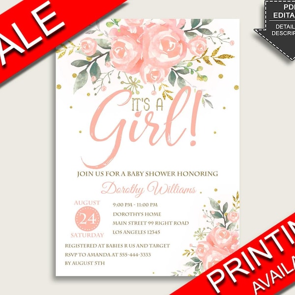 Peach Floral Baby Shower Invitations Printable, Digital Or Printed Invitation Baby Shower Girl, Editable Invitation Pink Gold Blush 1W00B