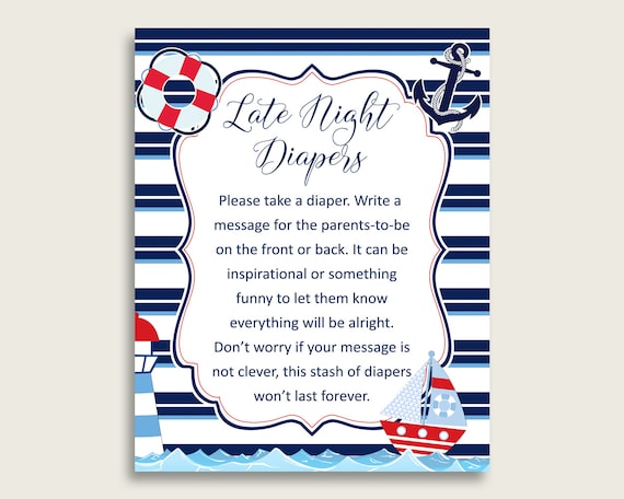 Nautical Baby Shower Diaper Thoughts Printable, Boy Blue Red Late Night Diaper Sign, Words For Wee Hours, Write On Diaper Message DHTQT Il_570xn