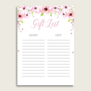 Flower Blush Baby Shower Gift List, Pink Green Gift List Printable, Girl Baby Shower Gift Checklist Sheet, Instant Download, VH1KL