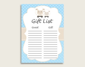 Little Lamb Baby Shower Gift List, Blue White Gift List Printable, Boy Baby Shower Gift Checklist Sheet, Instant Download, Lambie Wool fa001